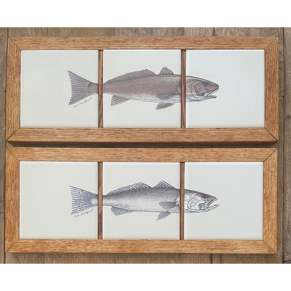 Angler's Expressions Bill Bishop Jr Fish Ceramic Tile Trivet Oak Frame Set 1999